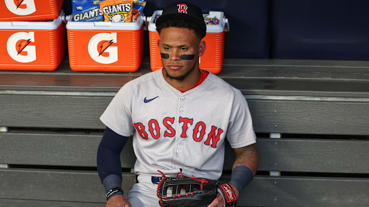 Aug 21, 2025; Bronx, New York, USA;  Boston Red Sox center fielder Ceddanne Rafaela (3) at Yankee Stadium. Mandatory Credit: Wendell Cruz-Imagn Images