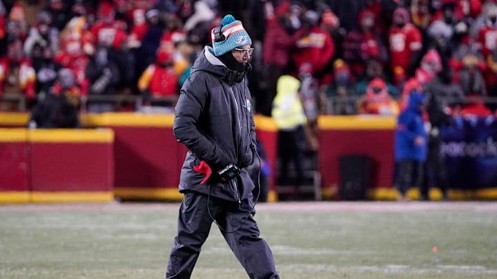 Jan 13, 2024; Kansas City, Missouri, USA; Miami Dolphins head coach Mike McDaniel on field against