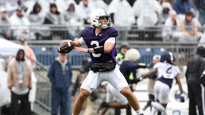 Penn State Nittany Lions quarterback Rocco Becht (3) throws a pass during the Blue-White Spring Practice at Beaver Stadium. 