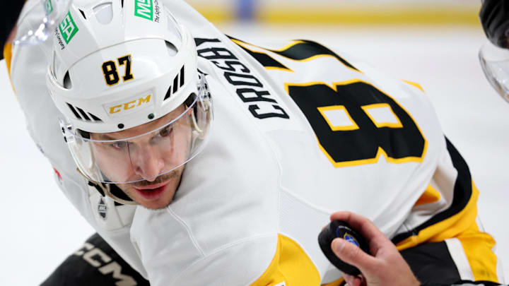 Feb 5, 2026; Buffalo, New York, USA;  Pittsburgh Penguins center Sidney Crosby (87) waits for the face-off during the first period against the Buffalo Sabres at KeyBank Center. Mandatory Credit: Timothy T. Ludwig-Imagn Images