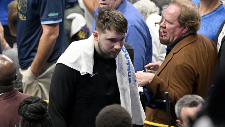 Jun 12, 2024; Dallas, Texas, USA; Dallas Mavericks guard Luka Doncic (77) reacts after losing game three of the 2024 NBA Finals to the Boston Celtics at American Airlines Center. Mandatory Credit: Jerome Miron-USA TODAY Sports