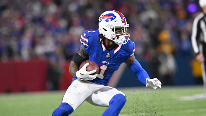 Nov 17, 2024; Orchard Park, New York, USA; Buffalo Bills wide receiver Curtis Samuel (1) turns up field after making a catch against the Kansas City Chiefs in the fourth quarter at Highmark Stadium. Mandatory Credit: Mark Konezny-Imagn Images