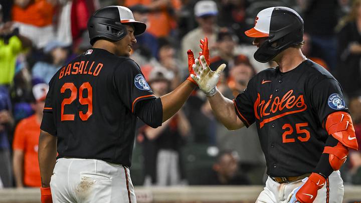 Apr 13, 2026; Baltimore, Maryland, USA; Baltimore Orioles first baseman Pete Alonso (25) celebrates with catcher Samuel Basallo (29) after scoring on his seventh inning home run against the Arizona Diamondbacks  at Oriole Park at Camden Yards. Mandatory Credit: Tommy Gilligan-Imagn Images
