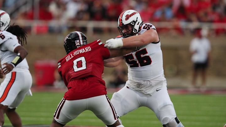 Texas Tech Red Raiders defensive tackle Skyler Gil-Howard rushes against Oregon State Beavers offensive lineman Dylan Sikorski