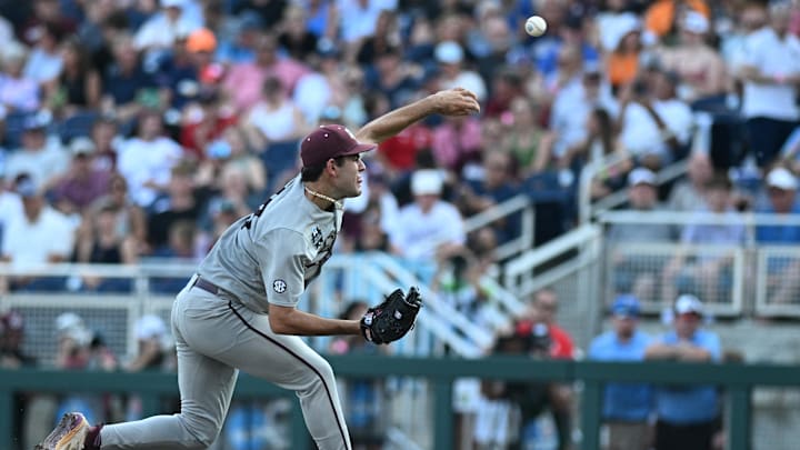 Jun 17, 2024; Omaha, NE, USA;  Texas A&M Aggies starting pitcher Ryan Prager (18) throws against the Kentucky Wildcats during the third inning at Charles Schwab Field Omaha. Mandatory Credit: Steven Branscombe-Imagn Images