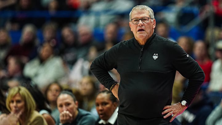 Dec 15, 2024; Storrs, Connecticut, USA; UConn Huskies head coach Geno Auriemma watches from the sideline as they take on the Georgetown Hoyas at XL Center. Mandatory Credit: David Butler II-Imagn Images