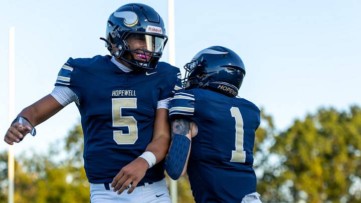Hopewell quarterback James Armstrong (5) and wide receiver Kingston Krotec (1) celebrate after connecting for an opening drive touchdown during the WPIAL Class 3A Western Hills Conference game between Beaver Area and Hopewell at Tony Dorsett Stadium Friday Sept. 12, 2025 in Hopewell Township, Pa. Hopewell quarterback James Armstrong (5) and wide receiver Kingston Krotec (1) celebrate after connecting for an opening drive touchdown during the WPIAL Class 3A Western Hills Conference game between Beaver Area and Hopewell at Tony Dorsett Stadium Friday Sept. 12, 2025 in Hopewell Township, Pa.