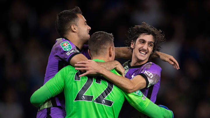 Wolverhampton Wanderers v Tottenham Hotspur - Carabao Cup Third Round - Gil and Reguilon celebrate in the 2021 Carabao Cup win at Wolves 
