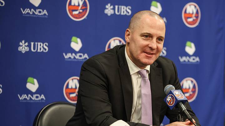 Nov 22, 2025; Elmont, New York, USA; New York Islanders General Manager Mathieu Darche speaks with fans at a pre-game event prior to the game against the St. Louis Blues at UBS Arena. Mandatory Credit: Wendell Cruz-Imagn Images