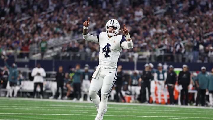 Dec 10, 2023; Arlington, Texas, USA; Dallas Cowboys quarterback Dak Prescott (4) celebrates a