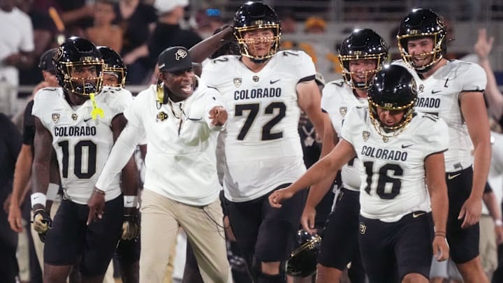 Oct 7, 2023; Tempe, Arizona, USA; Colorado Buffaloes head coach Deion Sanders celebrates with his