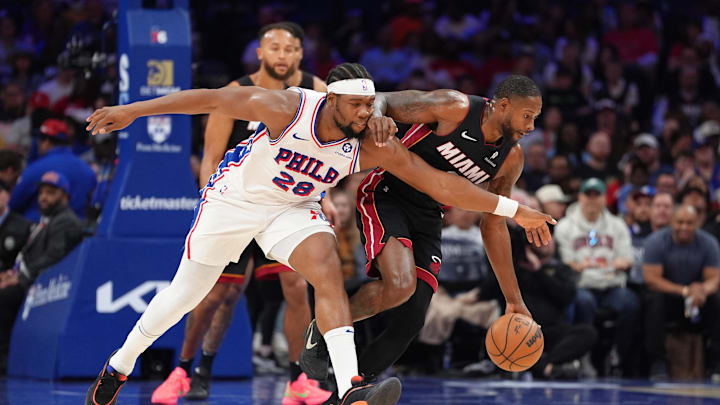 Philadelphia 76ers forward Guerschon Yabusele and Miami Heat forward Haywood Highsmith. Philadelphia 76ers forward Guerschon Yabusele and Miami Heat forward Haywood Highsmith.