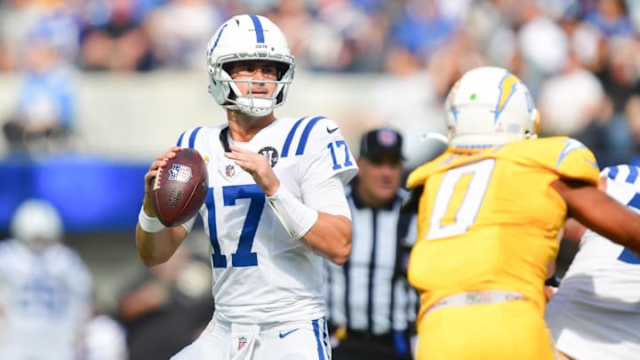 Indianapolis Colts quarterback Daniel Jones (17) throws the ball in the first half against the Los Angeles Chargers at SoFi Stadium.