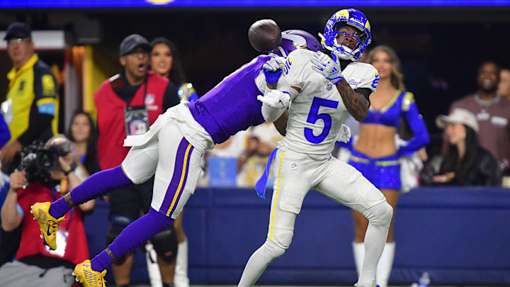 Oct 24, 2024; Inglewood, California, USA; Los Angeles Rams wide receiver Tutu Atwell (5) misses catching a pass against the Minnesota Vikings during the second half at SoFi Stadium. Mandatory Credit: Gary A. Vasquez-Imagn Images Oct 24, 2024; Inglewood, California, USA; Los Angeles Rams wide receiver Tutu Atwell (5) misses catching a pass against the Minnesota Vikings during the second half at SoFi Stadium. Mandatory Credit: Gary A. Vasquez-Imagn Images