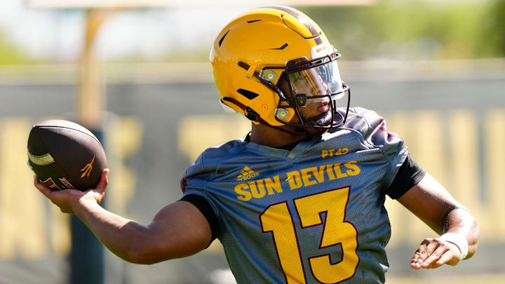 Arizona State quarterback Cameron Dyer (13) throws a pass during the first day of fall practice in Tempe, Ariz. on July 30, 2025.