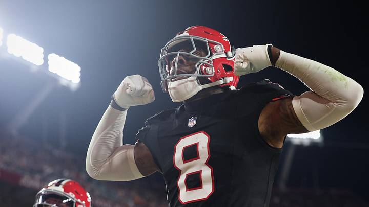 Dec 11, 2025; Tampa, Florida, USA; Atlanta Falcons tight end Kyle Pitts Sr. (8) reacts after scoring a touchdown against the Tampa Bay Buccaneers during the second quarter at Raymond James Stadium. Mandatory Credit: Nathan Ray Seebeck-Imagn Images