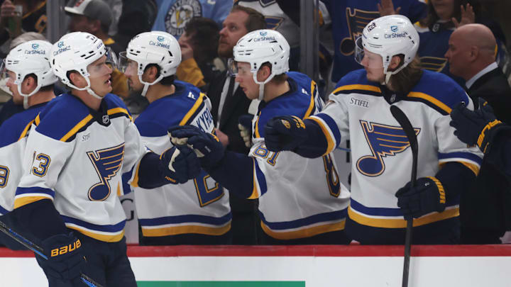 Mar 13, 2025; Pittsburgh, Pennsylvania, USA; St. Louis Blues right wing Alexey Toropchenko (13) celebrates his goal with the Blues bench against the Pittsburgh Penguins during the third period at PPG Paints Arena. Mandatory Credit: Charles LeClaire-Imagn Images