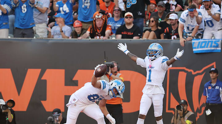 Oct 5, 2025; Cincinnati, Ohio, USA; Detroit Lions tight end Sam Laporta (87) and wide receiver Jameson Williams (1) react after a touchdown during the first quarter against the Cincinnati Bengals at Paycor Stadium. Mandatory Credit: Joseph Maiorana-Imagn Images