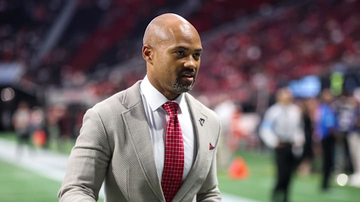 Sep 29, 2024; Atlanta, Georgia, USA; Atlanta Falcons general manager Terry Fontenot on the field before a game against the New Orleans Saints at Mercedes-Benz Stadium. Mandatory Credit: Brett Davis-Imagn Images