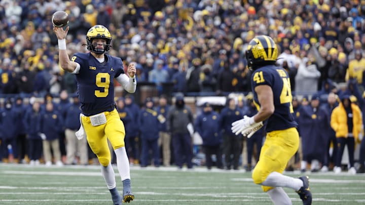Nov 19, 2022; Ann Arbor, Michigan, USA;  Michigan Wolverines quarterback J.J. McCarthy (9) passes in