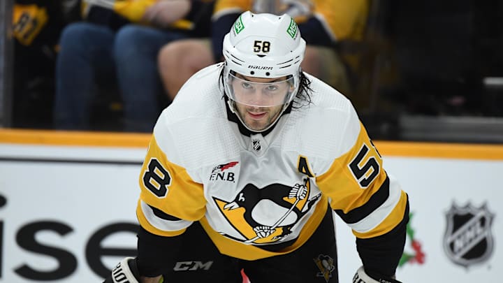 Nov 28, 2023; Nashville, Tennessee, USA; Pittsburgh Penguins defenseman Kris Letang (58) waits for a