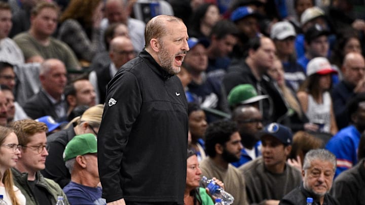 Nov 27, 2024; Dallas, Texas, USA; New York Knicks head coach Tom Thibodeau looks on during the first quarter against the Dallas Mavericks at the American Airlines Center. Mandatory Credit: Jerome Miron-Imagn Images Nov 27, 2024; Dallas, Texas, USA; New York Knicks head coach Tom Thibodeau looks on during the first quarter against the Dallas Mavericks at the American Airlines Center. Mandatory Credit: Jerome Miron-Imagn Images