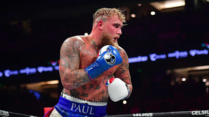 Jun 28, 2025; Anaheim, California, USA;  Jake Paul fights against Julio Cesar Chavez Jr. at Honda Center. Mandatory Credit: Gary A. Vasquez-Imagn Images