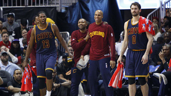 Apr 1, 2016; Atlanta, GA, USA; Cleveland Cavaliers center Tristan Thompson (13) and guard Mo Williams (52) and forward Richard Jefferson (24) and forward Kevin Love (0) show emotion on the bench against the Atlanta Hawks in the third quarter at Philips Arena. The Cavaliers defeated the Hawks 110-108 in overtime. Mandatory Credit: Brett Davis-Imagn Images

