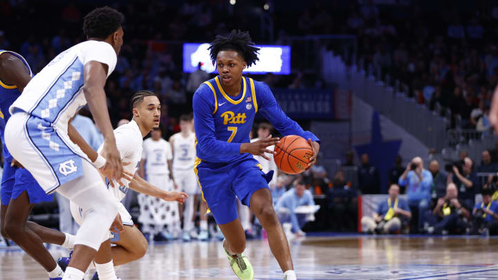 Mar 15, 2024; Washington, D.C., USA; Pittsburgh Panthers guard Carlton Carrington (7) controls the ball against the North Carolina Tar Heels during the second half at Capital One Arena. Mandatory Credit: Amber Searls-USA TODAY Sports