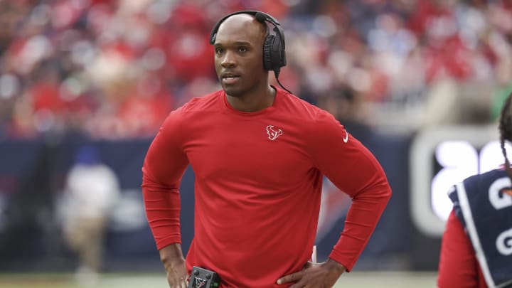 Nov 26, 2023; Houston, Texas, USA; Houston Texans head coach DeMeco Ryans looks on from the sideline during the first quarter against the Jacksonville Jaguars at NRG Stadium. Mandatory Credit: Troy Taormina-USA TODAY Sports