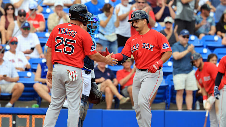 Mar 2, 2026; Dunedin, Florida, USA;  Boston Red Sox second baseman Mickey Gasper (30) is congratulated by  catcher Matt Thaiss (25) after he hit a 2-run home run during the fifth inning against the Toronto Blue Jays at TD Ballpark. Mandatory Credit: Kim Klement Neitzel-Imagn Images
