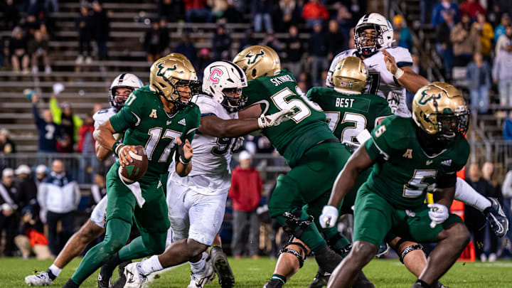 Oct 21, 2023; East Hartford, Connecticut, USA;  South Florida Bulls quarterback Byrum Brown (17) looks to pass the ball against the UConn Huskies in the first quarter at Rentschler Field at Pratt & Whitney Stadium. Mandatory Credit: David Butler II-USA TODAY Sports