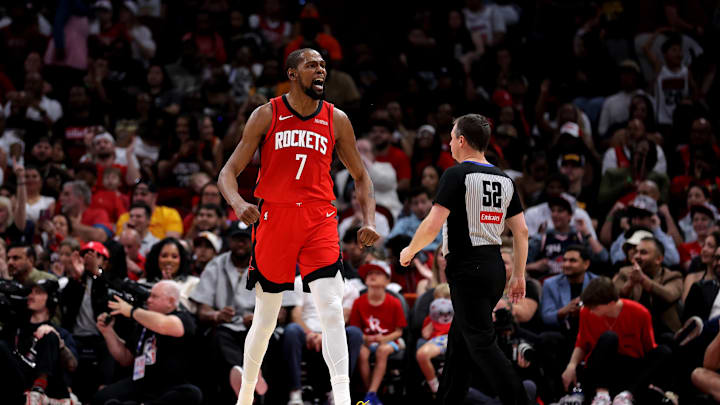 Mar 20, 2026; Houston, Texas, USA; Houston Rockets forward Kevin Durant (7) reacts after a made basket against the Atlanta Hawks during the third quarter at Toyota Center. Mandatory Credit: Erik Williams-Imagn Images