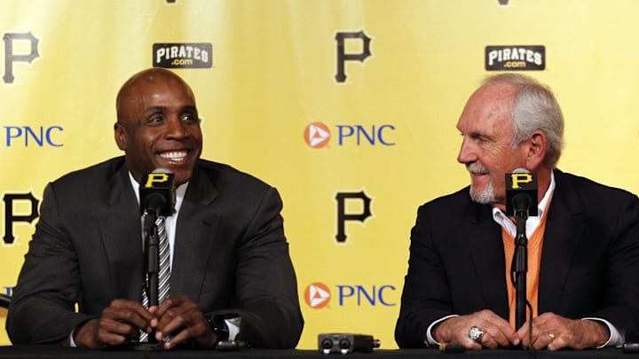 Mar 31, 2014; Pittsburgh, PA, USA; Pittsburgh Pirates former outfielder Barry Bonds (left) and former manager Jim Leyland (right) react at a news conference prior to the Pirates hosting the Chicago Cubs in an opening day baseball game at PNC Park. The Pirates won 1-0 in ten innings. Mandatory Credit: Charles LeClaire-USA TODAY Sports