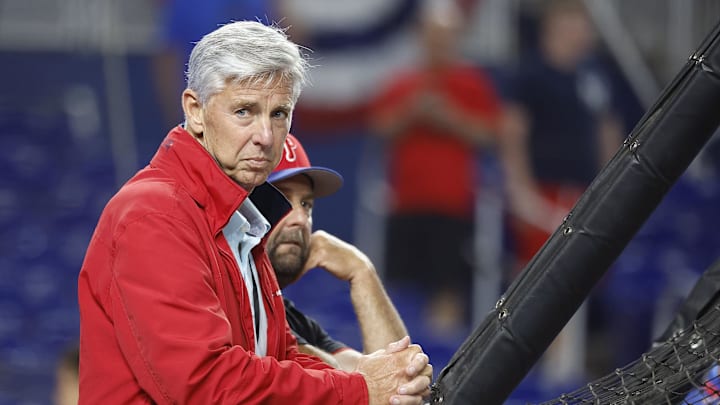 Philadelphia Phillies President of Baseball Operations Dave Dombrowski watches batting practice before the game against the Miami Marlins at loanDepot Park.