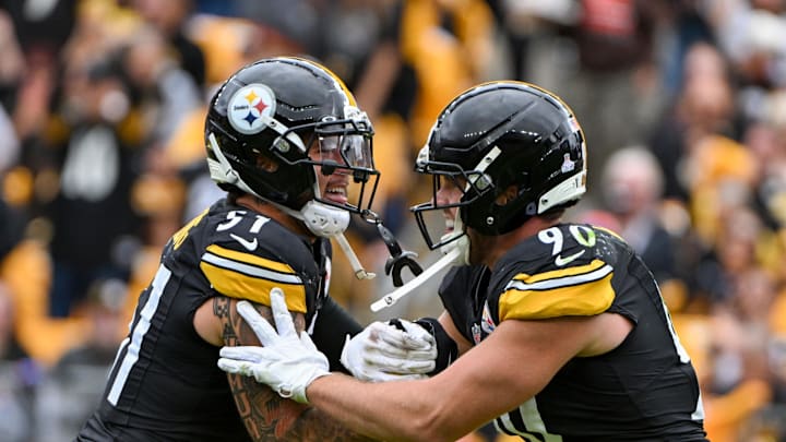 Oct 12, 2025; Pittsburgh, Pennsylvania, USA; Pittsburgh Steelers outside linebacker T.J. Watt (90) celebrates with linebacker Nick Herbig (51) after sacking Cleveland Browns quarterback Dillon Gabriel (8) during the second quarter at Acrisure Stadium. Oct 12, 2025; Pittsburgh, Pennsylvania, USA; Pittsburgh Steelers outside linebacker T.J. Watt (90) celebrates with linebacker Nick Herbig (51) after sacking Cleveland Browns quarterback Dillon Gabriel (8) during the second quarter at Acrisure Stadium.
