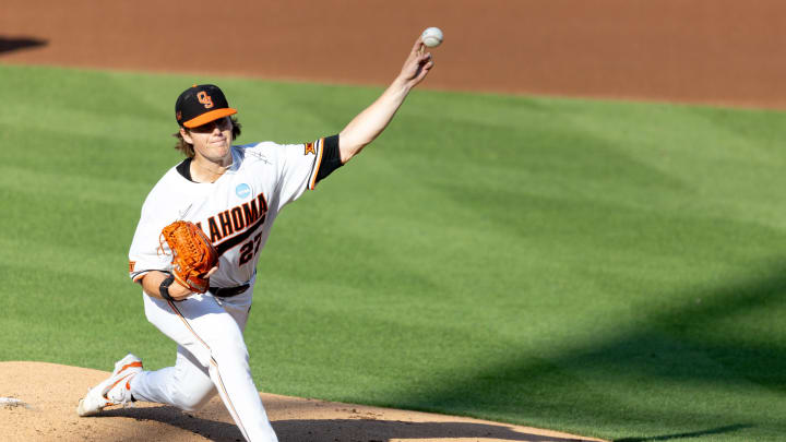 May 31, 2024; Stillwater, OK, USA; Oklahoma State pitcher Sam Garcia (27) pitches during a game at O'Brate Stadium verse Niagara Purple Eagle . Mandatory Credit: Mitch Alcala-For The Oklahoman