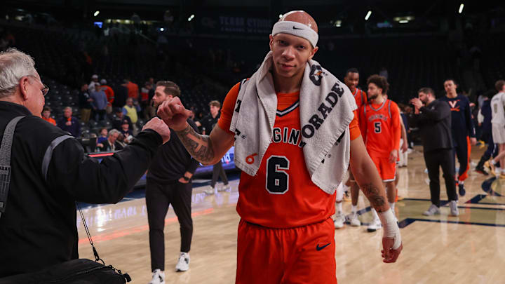 Feb 18, 2026; Atlanta, Georgia, USA; Virginia Cavaliers guard Jacari White (6) celebrates after a victory over the Georgia Tech Yellow Jackets at McCamish Pavilion. Mandatory Credit: Brett Davis-Imagn Images