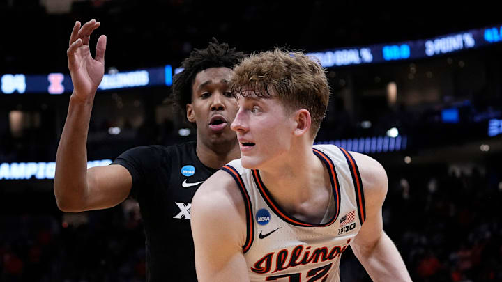 Xavier guard Dailyn Swain guards Illinois guard Kasparas Jakucionis. Xavier guard Dailyn Swain guards Illinois guard Kasparas Jakucionis.