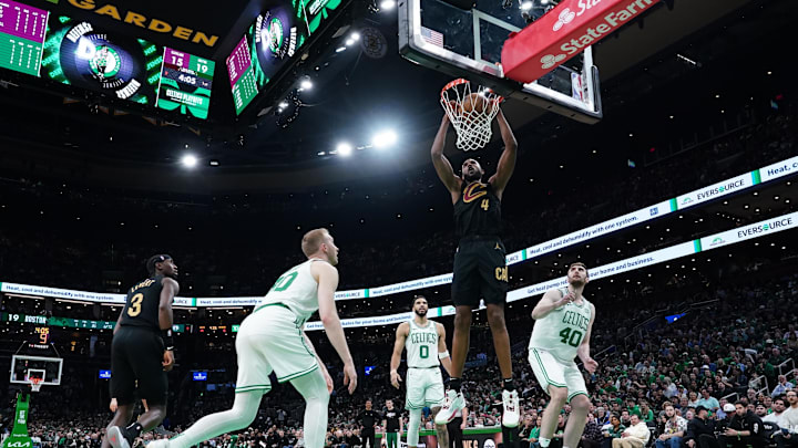 May 9, 2024; Boston, Massachusetts, USA; Cleveland Cavaliers forward Evan Mobley (4) makes the basket against the Boston Celtics in the first quarter during game two of the second round for the 2024 NBA playoffs at TD Garden. Mandatory Credit: David Butler II-Imagn Images May 9, 2024; Boston, Massachusetts, USA; Cleveland Cavaliers forward Evan Mobley (4) makes the basket against the Boston Celtics in the first quarter during game two of the second round for the 2024 NBA playoffs at TD Garden. Mandatory Credit: David Butler II-Imagn Images