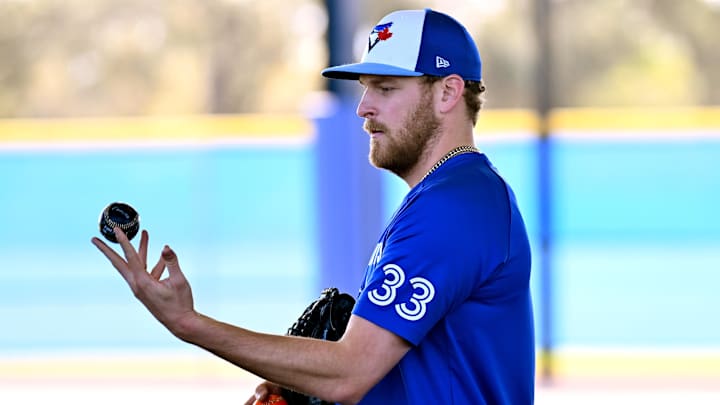 Feb 17, 2025; Dunedin, FL, USA;  Toronto Blue Jays pitcher Nick Robertson (33) prepares to warm up  during spring training at Cecil B. Englebert Complex. Mandatory Credit: Jonathan Dyer-Imagn Images