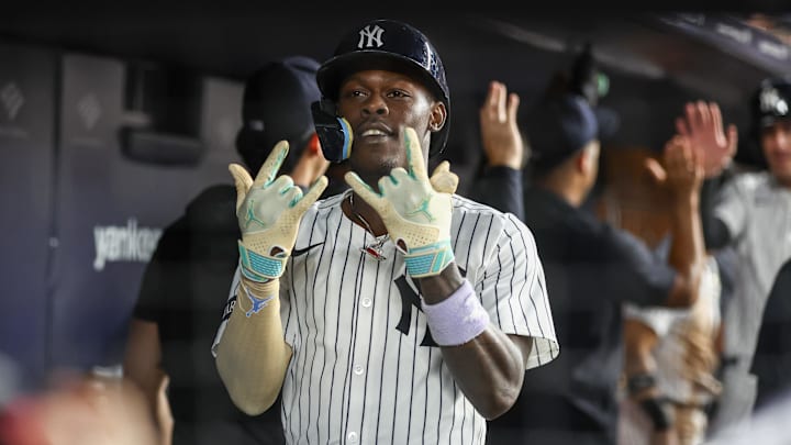 Aug 25, 2025; Bronx, New York, USA;  New York Yankees second baseman Jazz Chisholm Jr. (13) celebrates in the dugout after hitting a two run home run in the fifth inning against the Washington Nationals at Yankee Stadium. Mandatory Credit: Wendell Cruz-Imagn Images