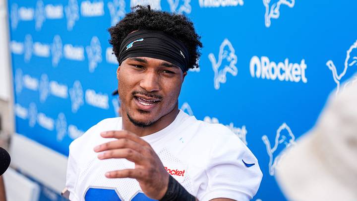 Detroit Lions safety Brian Branch (32) speaks to the media 