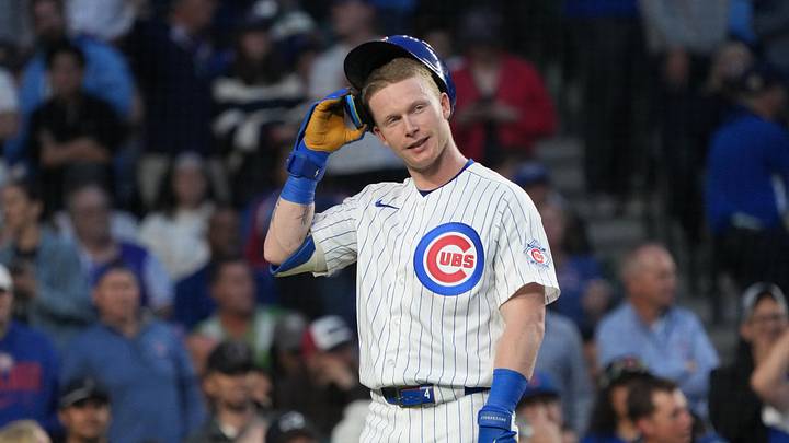 Jun 17, 2026; Chicago, Illinois, USA; Chicago Cubs center fielder Pete Crow-Armstrong (4) waits to see if replay decides if his home run against the Colorado Rockies was foul or fair. Video review decided it was a home run during the fourth inning at Wrigley Field. Mandatory Credit: David Banks-Imagn Images