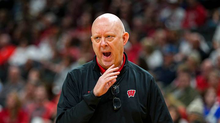 Dec 18, 2025; Kansas City, MO, USA; Wisconsin Badgers head coach Kelly Sheffield reacts during the first set against the Kentucky Wildcats in a 2025 NCAA Women’s Volleyball Championship semifinal match at T-Mobile Center. Mandatory Credit: Jay Biggerstaff-Imagn Images