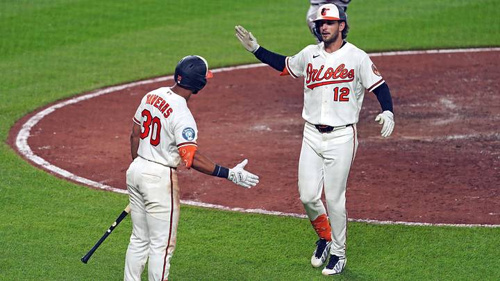 Aug 19, 2026; Baltimore, Maryland, USA; Baltimore Orioles outfielder Dylan Beavers (12) greeted by outfielder Leody Taveras (30) following his solo home run during the sixth inning against the New York Yankees at Oriole Park at Camden Yards. Mandatory Credit: Mitch Stringer-Imagn Images Aug 19, 2026; Baltimore, Maryland, USA; Baltimore Orioles outfielder Dylan Beavers (12) greeted by outfielder Leody Taveras (30) following his solo home run during the sixth inning against the New York Yankees at Oriole Park at Camden Yards. Mandatory Credit: Mitch Stringer-Imagn Images