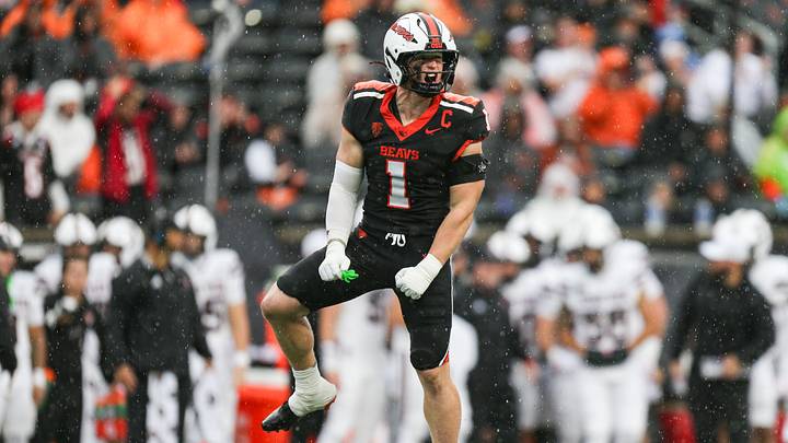 Oregon State's Dylan Layne celebrates the incomplete pass during an NCAA football game at Reser Stadium on Saturday, Sept. 12, 2026, in Corvallis, Oregon