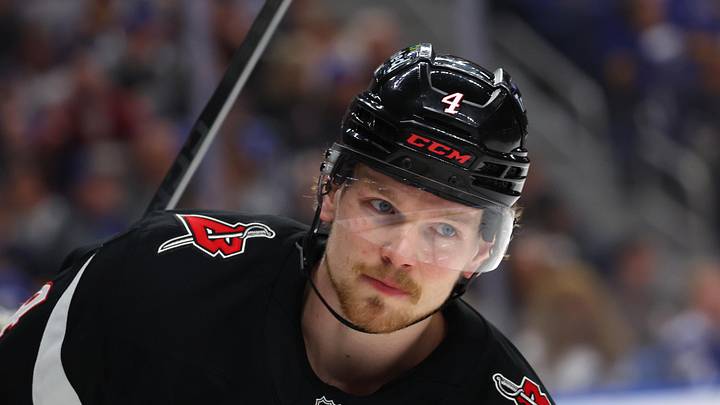 Apr 6, 2026; Buffalo, New York, USA;  Buffalo Sabres defenseman Bowen Byram (4) during a stoppage in play against the Tampa Bay Lightning at KeyBank Center. Mandatory Credit: Timothy T. Ludwig-Imagn Images