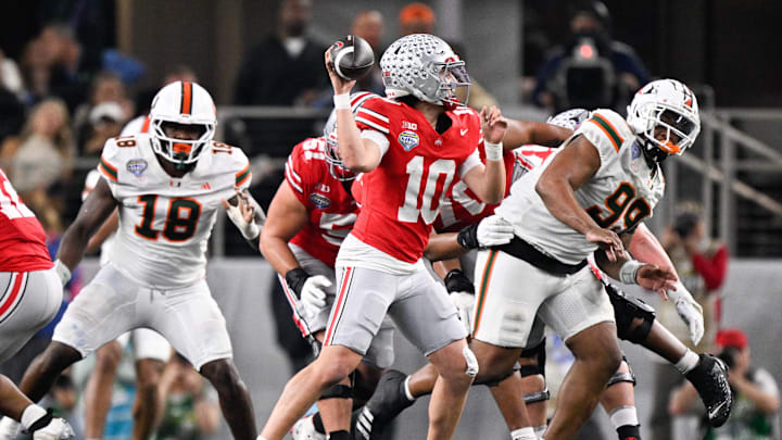Dec 31, 2025; Arlington, TX, USA; Ohio State Buckeyes quarterback Julian Sayin (10) throws during the third quarter against the Miami Hurricanes during the 2025 Cotton Bowl and quarterfinal game of the College Football Playoff at AT&T Stadium. Mandatory Credit: Jerome Miron-Imagn Images