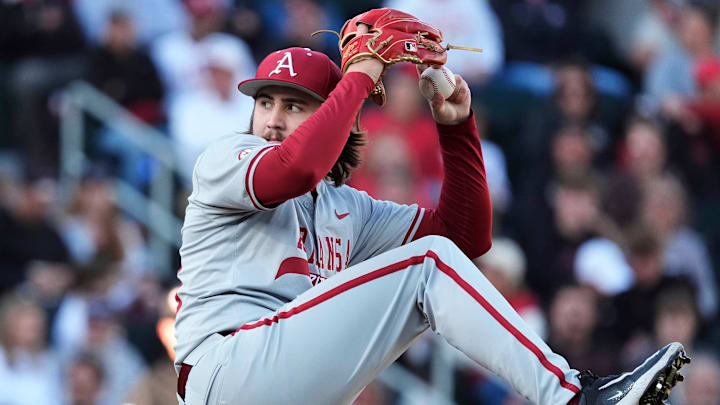 Arkansas pitcher Zach Root (33) looks to throw during a NCAA baseball game against Georgia in Athens, Ga., on Friday, April 11, 2025.